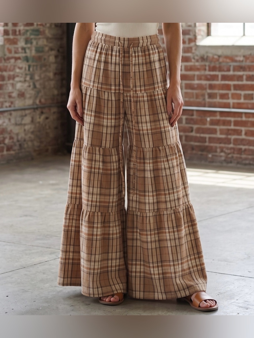 NWT Plaid 90s Wide Leg Tiered Boho Pants Drawstring Waist Tan - Picture 2 of 6
